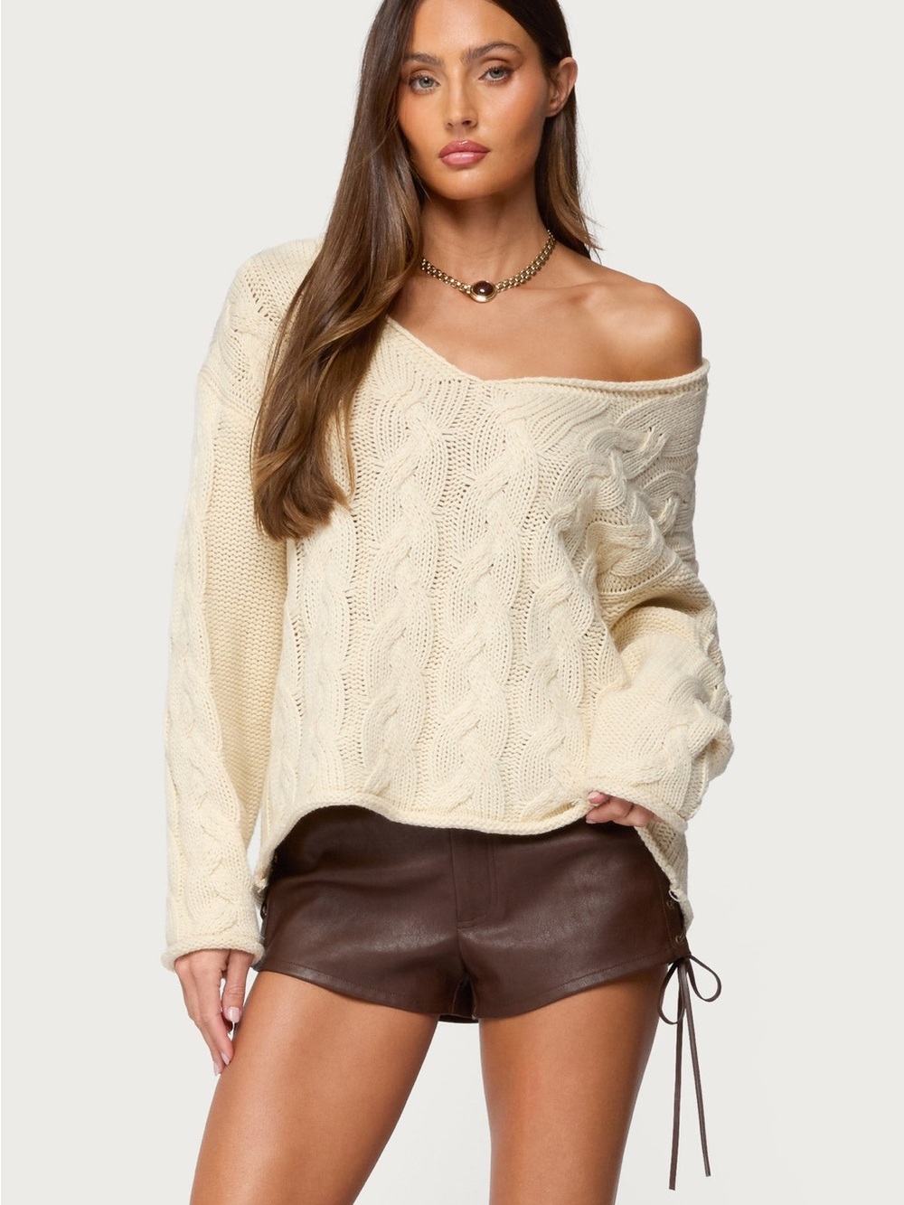 #371- Edikted Off-the-Shoulder Oversized Cable Knit Sweater in Cream